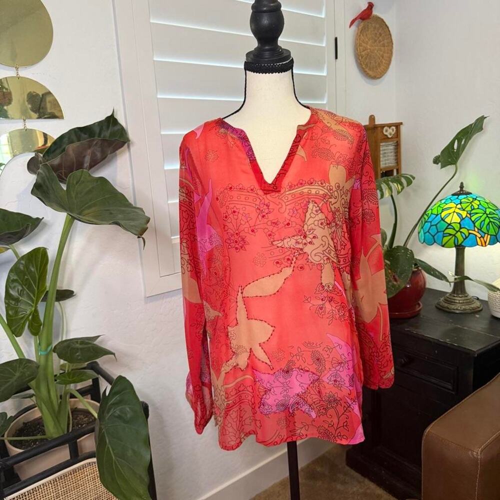 Y2K Fairy Boho Zero Zero Beaded Sequin Floral Paisley Sheer Tunic Top Small
